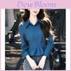 Vintage French Style Blue Long Sleeve Shirt For Women With Ruffle Waist And 3d Effect Fabric