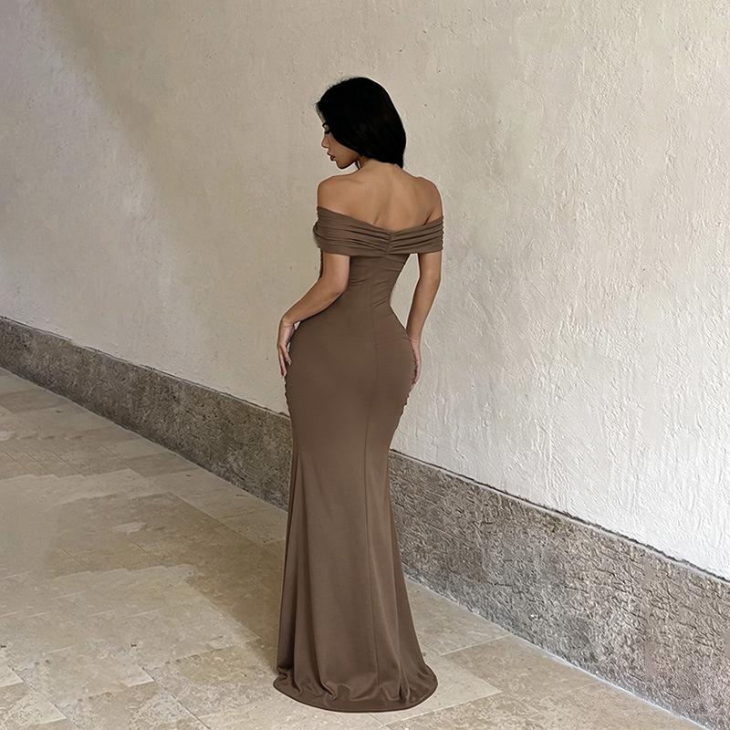 YL26257DGO European and American pure lace splicing one-word shoulder dress, slim-fitting hip-wrapped fishtail dress skirt