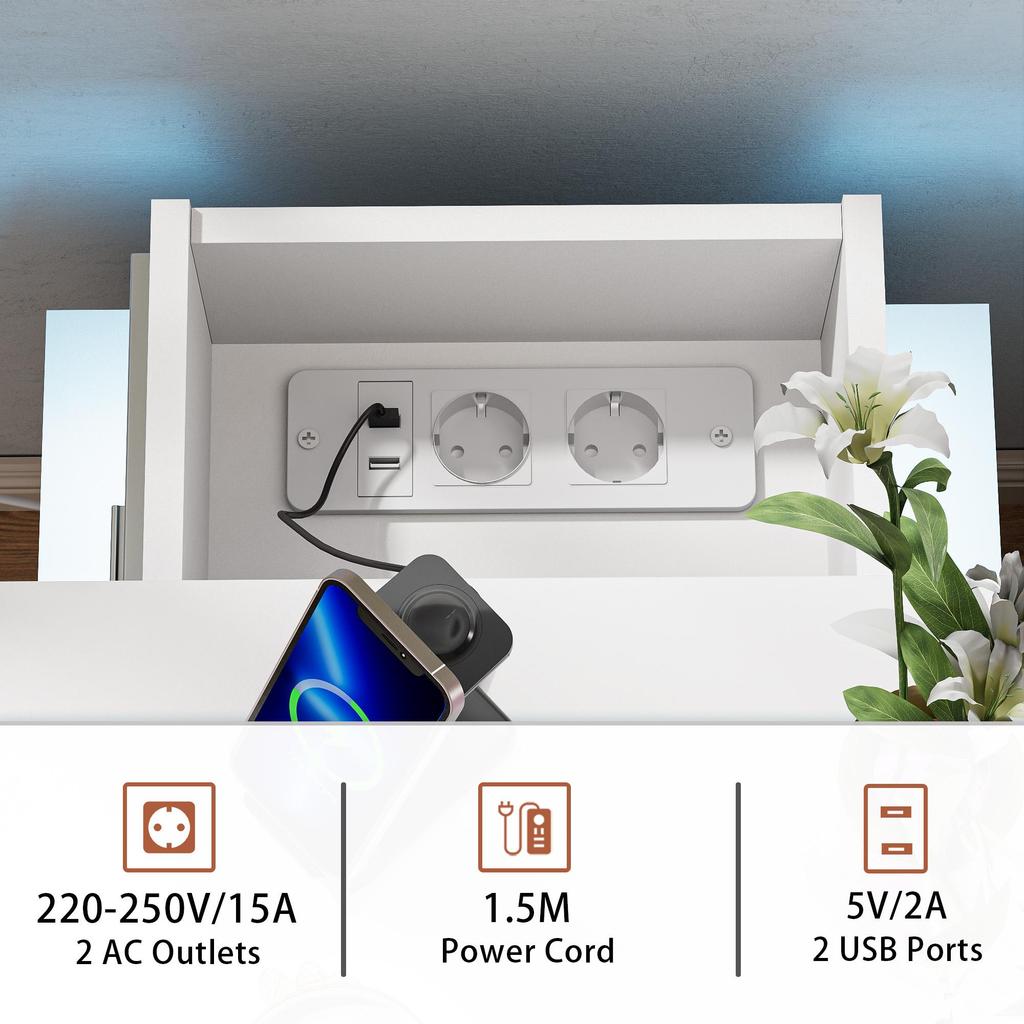 Bedside table, three drawers, with charging station, 2 AC power outlets/2 USB ports, European standard plug, white.