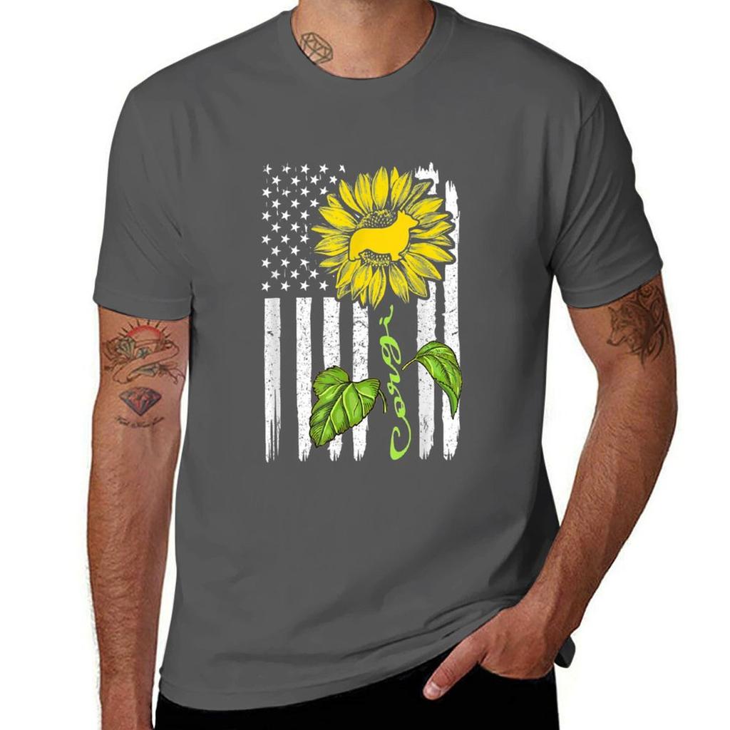 Corgi Dog American Flag And Sunflower Gift Tshirt Basic Plain Short Sleeve Crew Neck Tee Tshirt