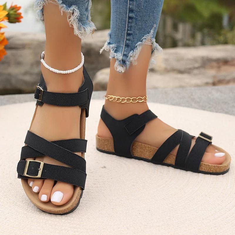 Fashion Fashion Buckle Strap Flat Sandals for Women Summer 2025 Casual Outdoor Beach Shoes Woman Lightweight Non Slip Black Cork Sandals