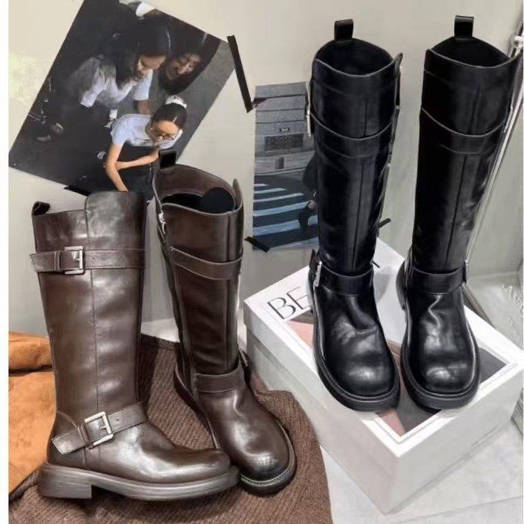 [Cowhide Edition] Dune Aesthetics~ Fleece Retro Double Button Medium and High Western Boots Women's Knight Boots Winter