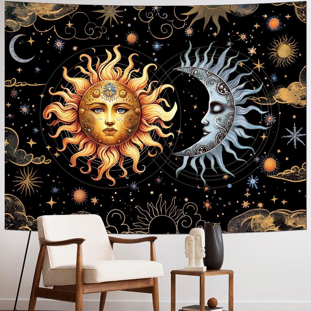 Racunbula Sun and Moon Tapestry Boho Black Golden Tapestries Aesthetic Vintage Moon Stars Cloud Wall Tapestry Spiritual Tapestri