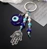 Blue Evil Eye Hamsa Hand Beads Keychain Keyring For Women Men Glass Vintage Round Turkish Eye Fatima Hand Tassel Bag Car Jewelry