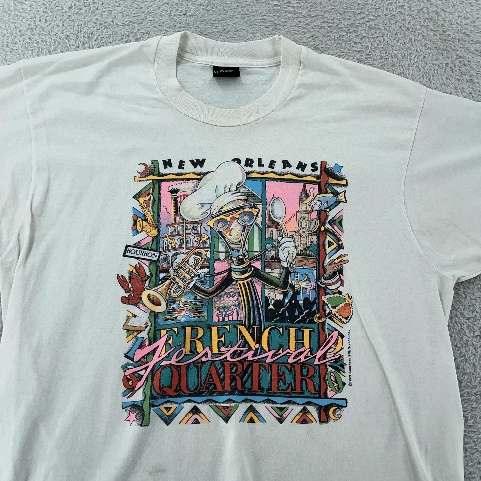 Vintage New Orleans Cartoon Lamp Post Chef T-Shirt L French Quarter Festival90s S