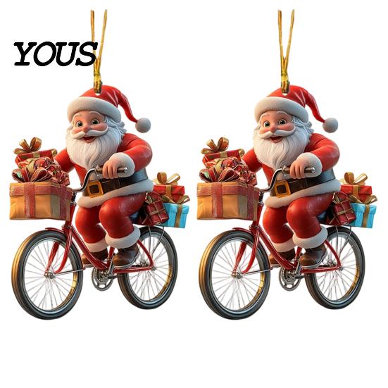 Small Festive Gift for Family 2Pcs Christmas Santa Riding Bicycle Acrylic Hanging Ornament, Car Exquisite Holiday Party Favors Interior Rearview