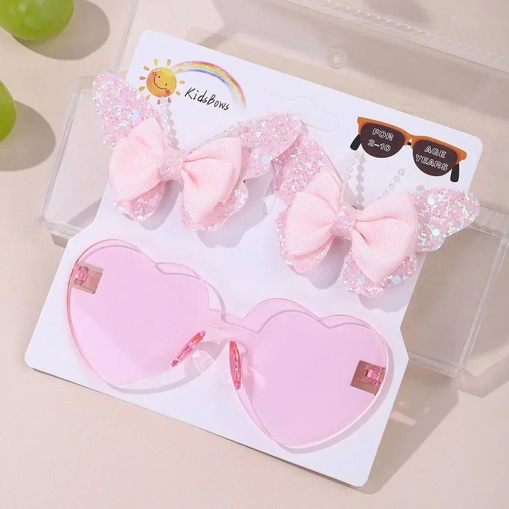 3Pcs/Card Glitter Butterfly Hair Clips Sunglasses for Girls Sparkling Kids Bows Hairpins Sun Glasses Cute Hair Accessories Set