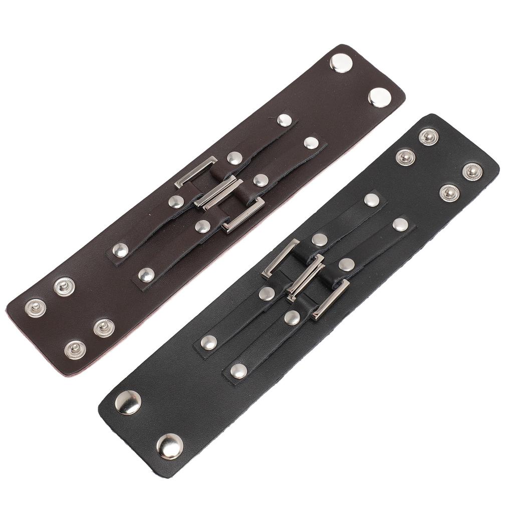2pcs Wide PU Leather Bracelet Wrist Cuffs Punk Cuff Bracelet for Motorcycle Rider Black Brown