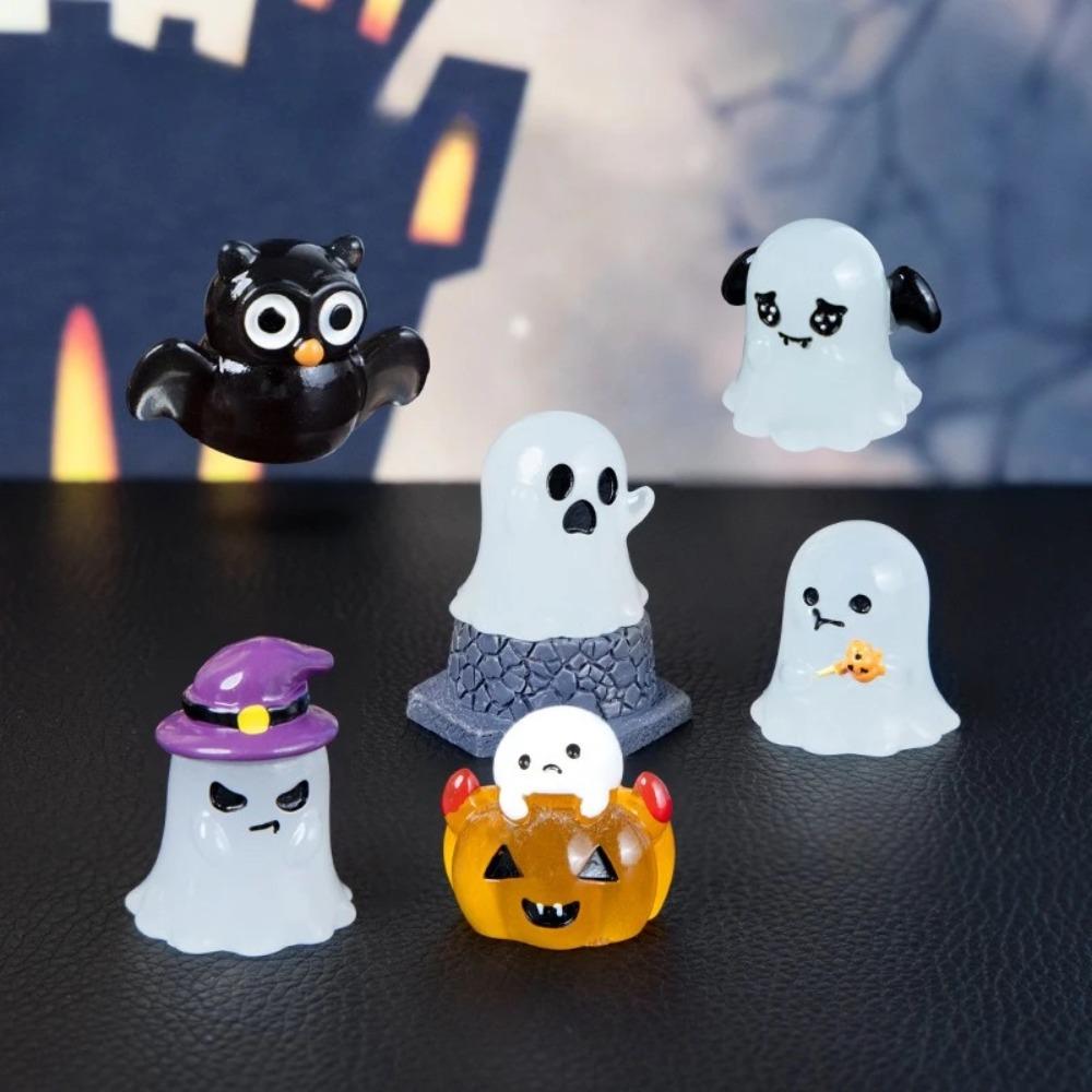 6pcs Luminous Miniature Halloween Cartoon Pumpkin Ghost Figurines Micro Landscape Ornaments Home Office Desk Room Decorations