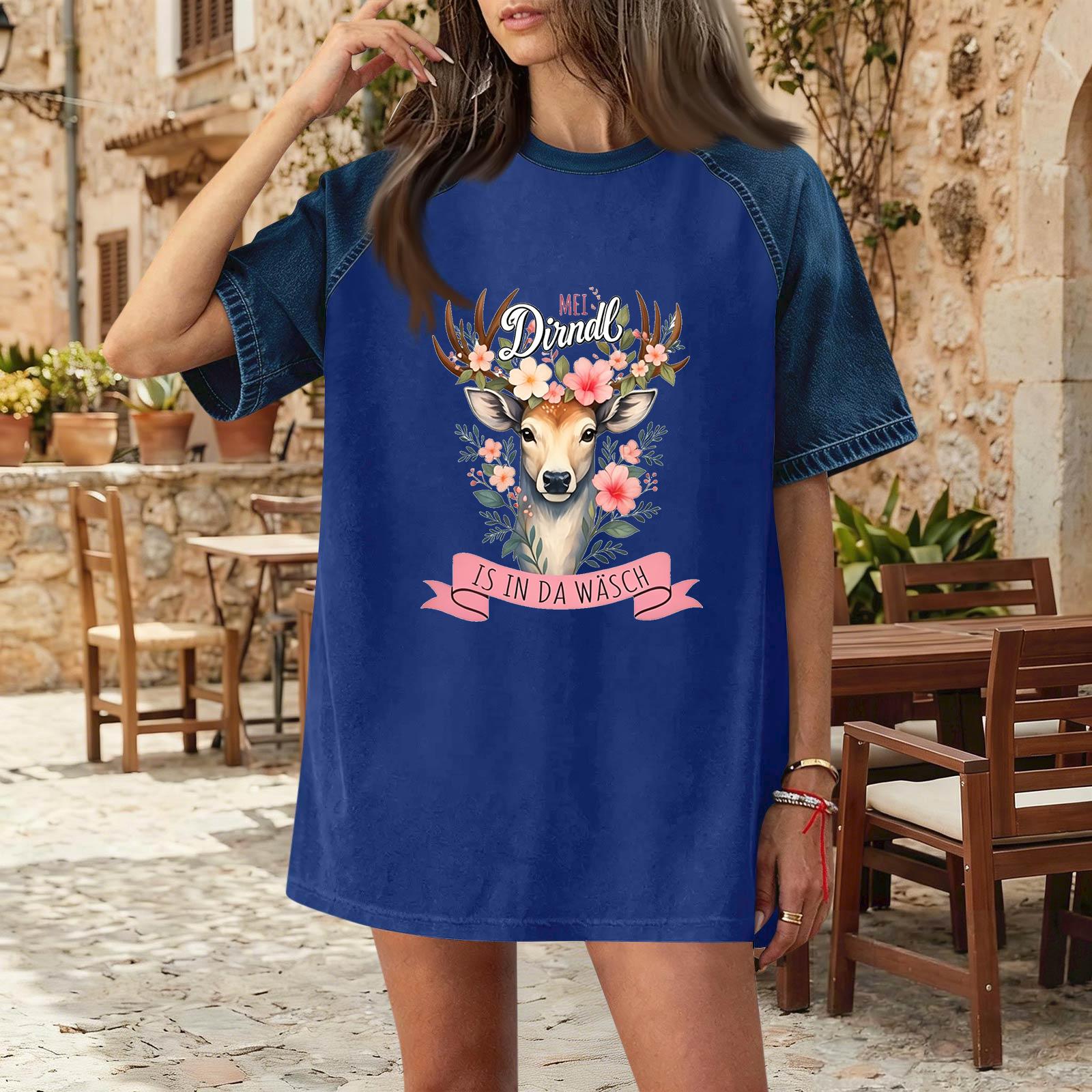 

Women Denim Patchwork Oktoberfest Graphic T Shirt Comfortable Short Sleeve Casual Top with Round Neck and Relaxed Fit for Daily Wear S синий