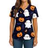 Women's Halloween Printed V-Neck Double Pocket Short Sleeves Hem Slit Uniform Caregiver Top