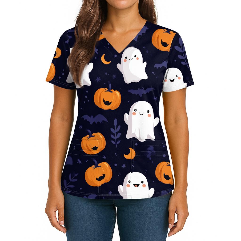 Women's Halloween Printed V-Neck Double Pocket Short Sleeves Hem Slit Uniform Caregiver Top