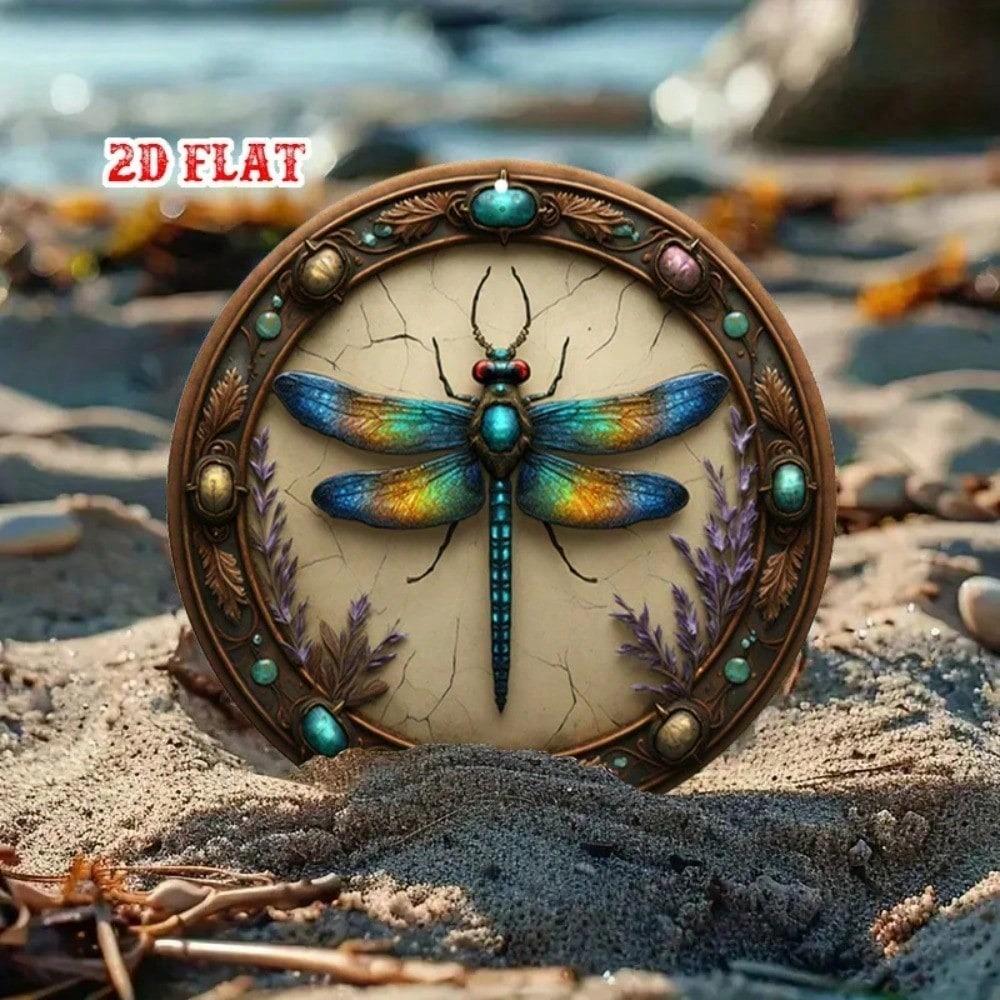Vintage Dragonfly Metal Sign Round Aluminum Wall Art Rustic Farmhouse Garage Cafe Wildlife Decor