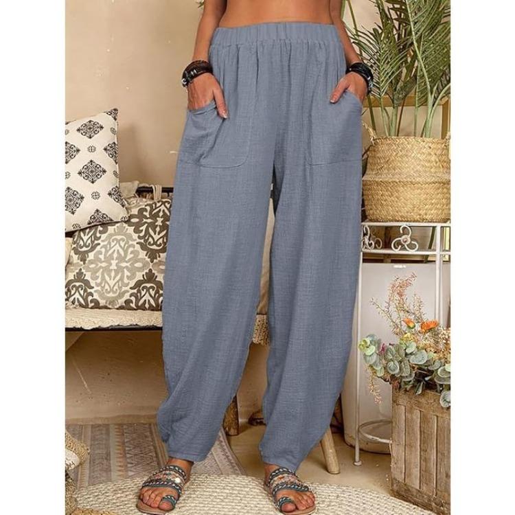 Summer Casual Women's Cotton Linen Elastic Waist Wide Leg Retro Harem Pants Large Size Home Pants