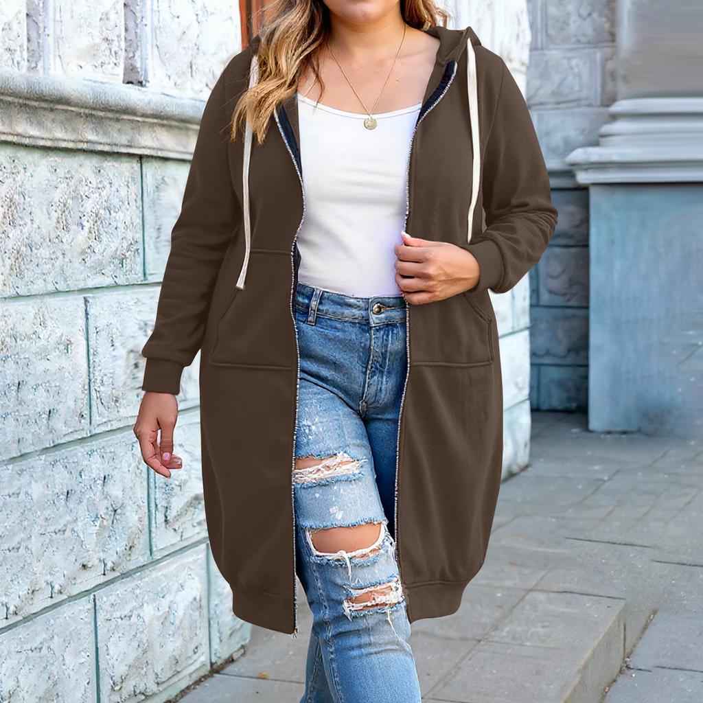 Women's Fashion Casual Plus Size Hooded  Long-Sleeve Solid Jacket