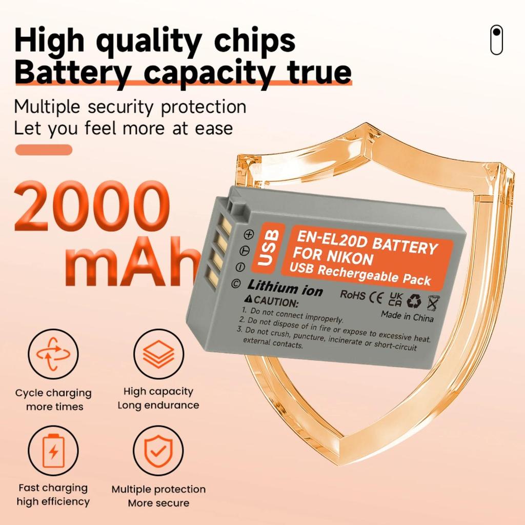 PALO EN-EL20 Battery with USB Input for Nikon Coolpix P1000 P950, 1 J1, 1 J2, 1 J3, 1 S1 2000mAh Li-ion Digital Camera