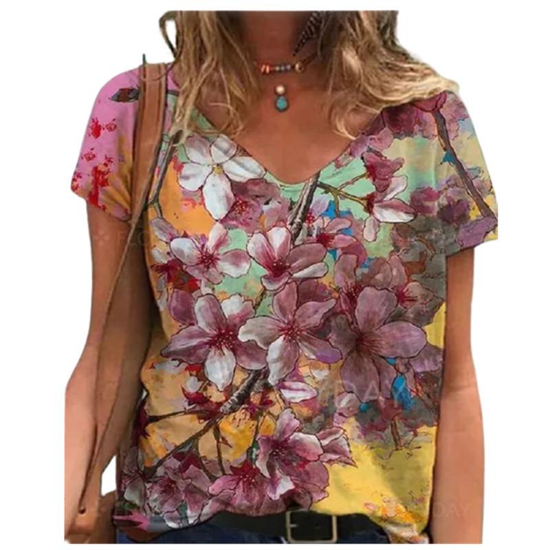 Women's Summer Trend Top Printed V-neck Fashion Short Sleeved T-shirt
