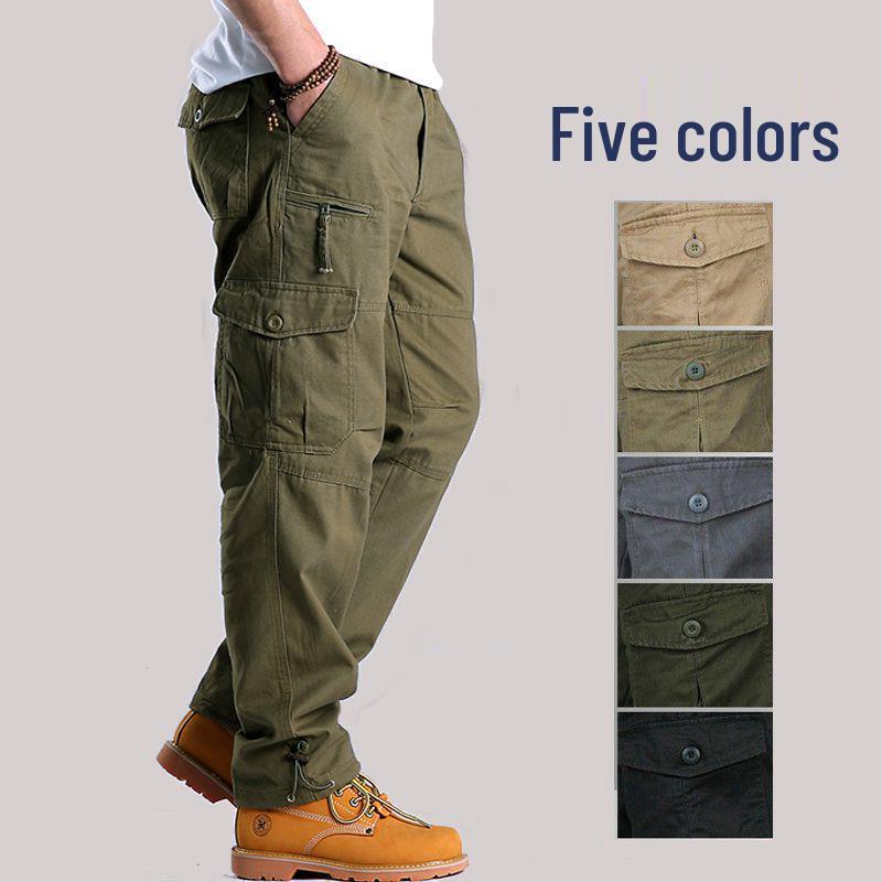 Army Green Men's Pure Cotton Outdoor Work Pants: Windproof, Straight Leg, Multi-Pocket, Loose Fit for Mountaineering and Casual Wear.