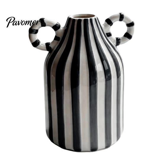 Artistic Home Atmosphere Vase Striped Ceramic Vase, Modern Glossy Hand Painted Flower with Double Fresh Cut Arrangement Ear Handles for Living
