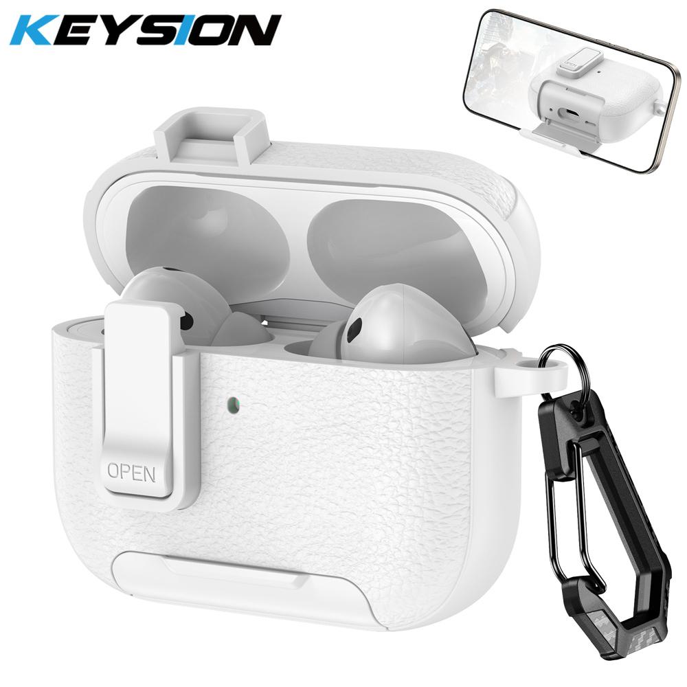 KEYSION with Carabiner Lock Phone Stand Protective Earphone Case for AirPods Pro 3 Pro 2 Soft TPU+PC Shockproof Cover for AirPods 4 3 2 1
