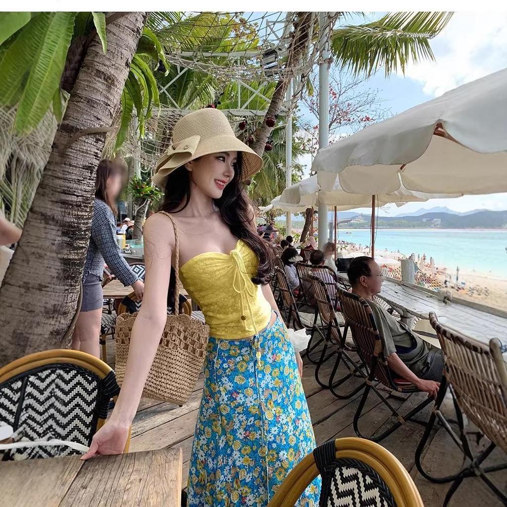 Women's Thailand Beach Resort Floral Two-Piece: White Bandeau Top & Skirt Set