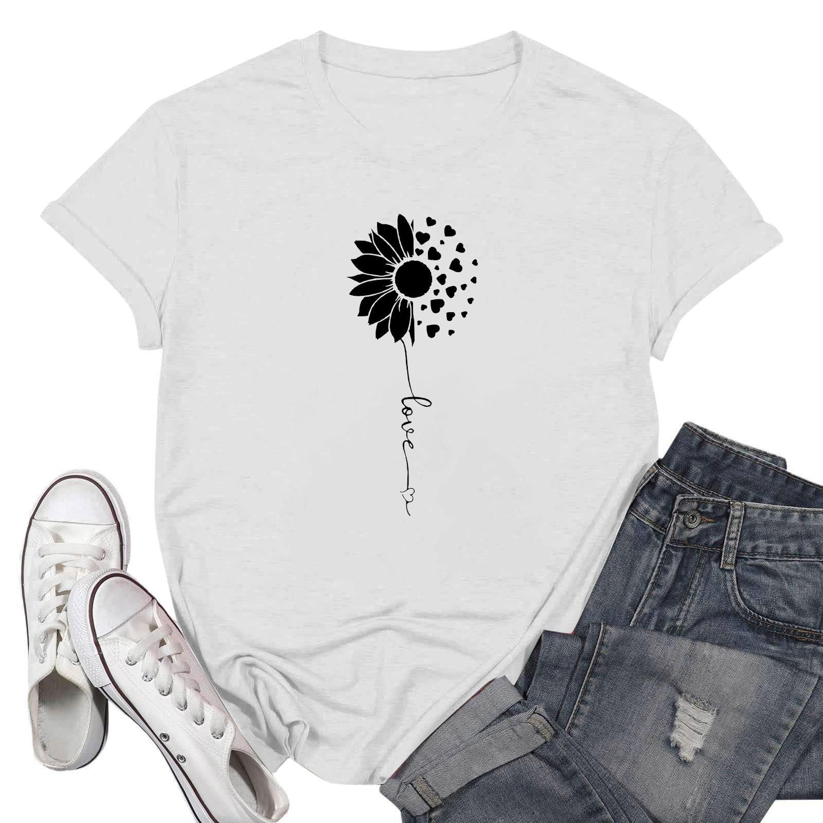 

Женская повседневная футболка с принтом хризантемы, пуловер с круглым вырезом, топ с короткими рукавами XL белый