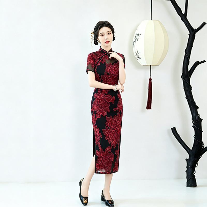 Red National Style New Chinese Suzhou Long Improved Cheongsam Women's High-end Sense Retro Short Sleeves Daily Wear Mother's Clothing