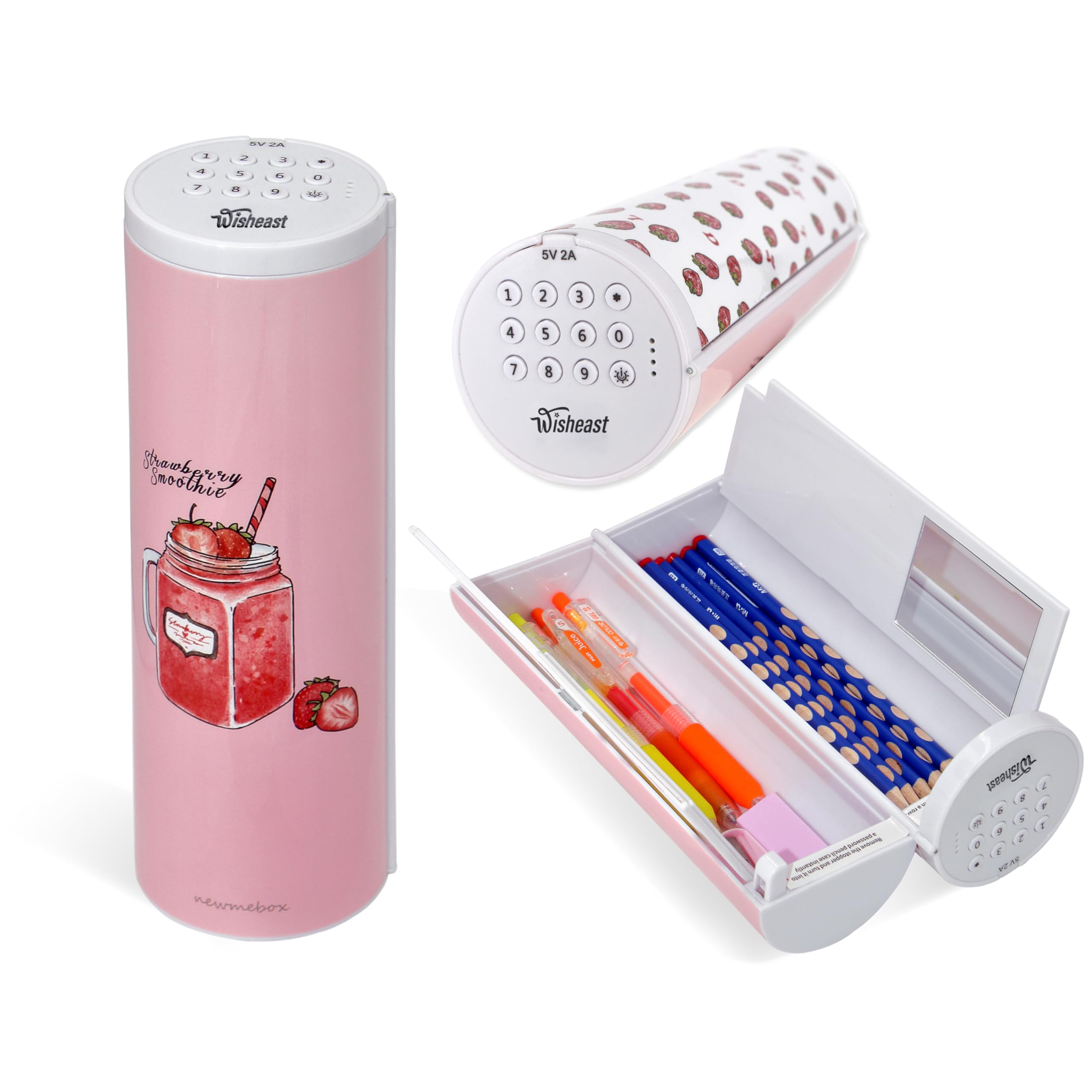 

Милый пенал для девочек начальной школы с умным карандашом, простым и стильным паролем, забавным карандашом-ручкой, стоячего типа с замком, держателем, дизайном, земляничный