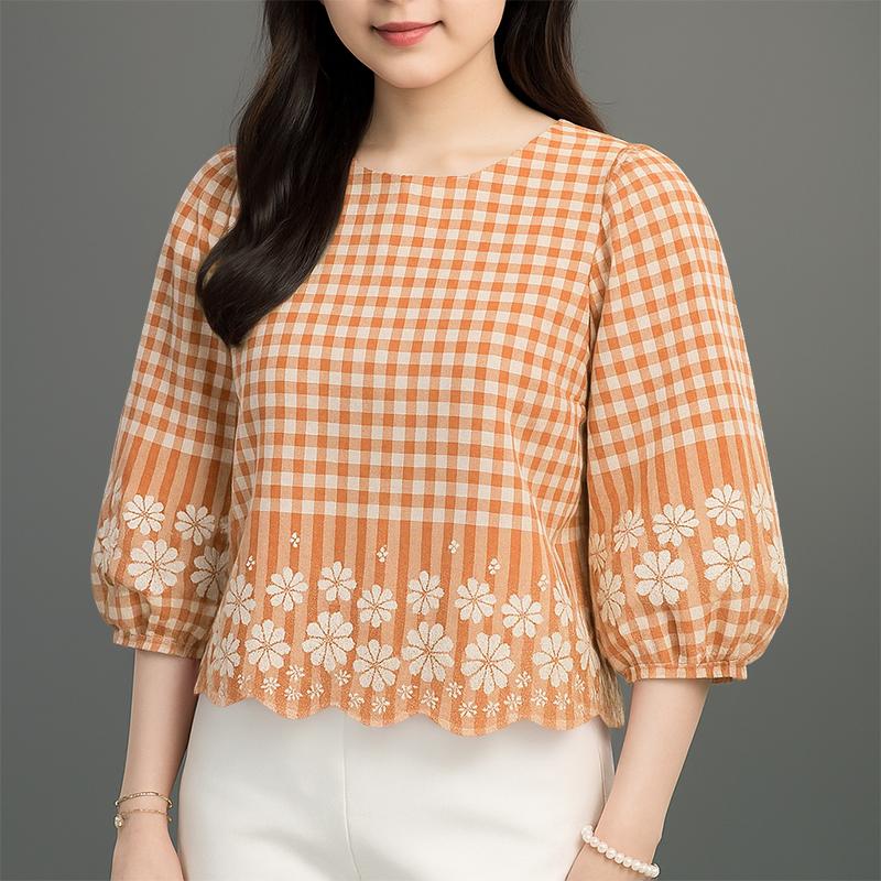 

ZANZEA Женская повседневная блузка с круглым вырезом и рукавами 3/4 свободного кроя с клетчатым принтом 5XL оранжевый