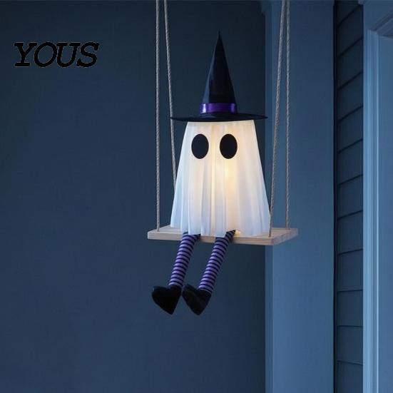 Decorative Gauze Ghost Set Halloween Hanging Swinging Decoration, Spooky Light Up Swing Scene Props with Witch Hat for Outdoor Yard,