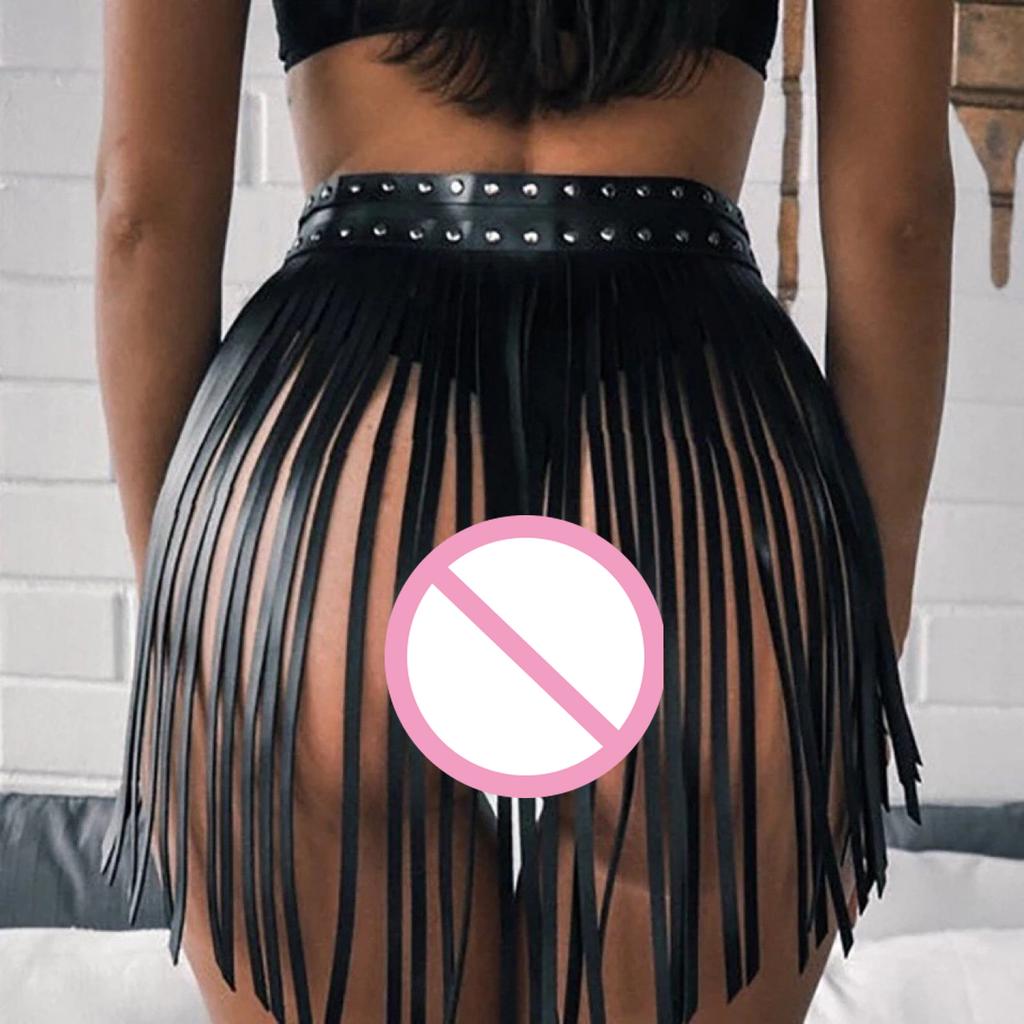 Women Sexy Body Harness Belt Tassels Short Leather Skirt Waistband Leather Lingerie  Bondage Punk Gothic Fetish Clothing