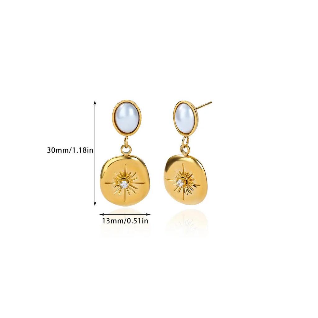 Cross Retro Pearl Temperament Earrings - 18K Gold Plated Stainless Steel with Diamond Inlaid Mother-of-Pearl Heart Bow Design