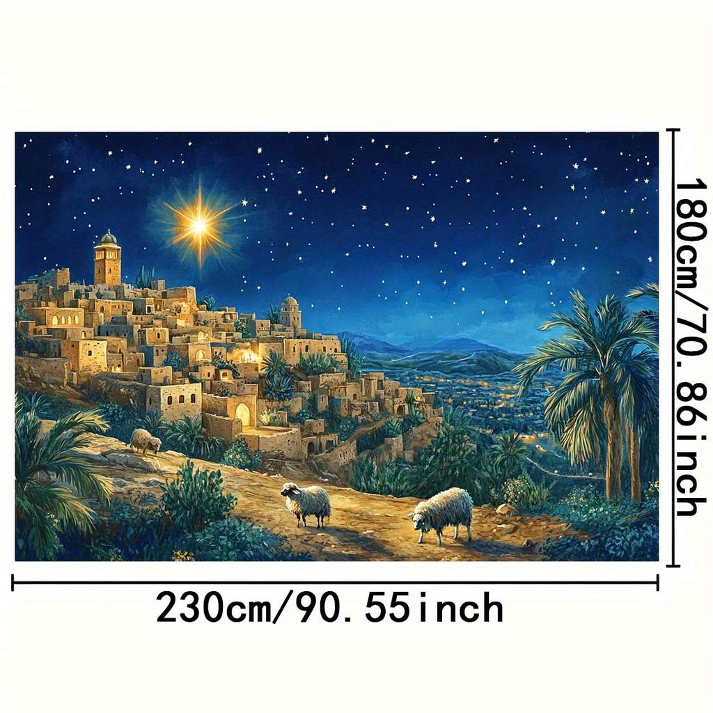 Bethlehem Night City Landscape with Sheep and Star Elements - Polyester Party Decoration Background Banner, Birthday Celebration