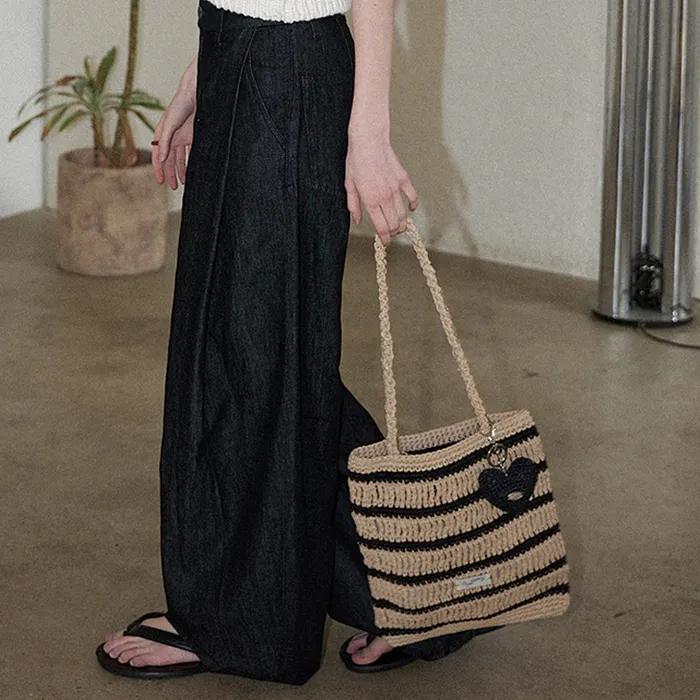 Moroccan Handmade Crochet Stripe Shoulder Bag _ Beige
