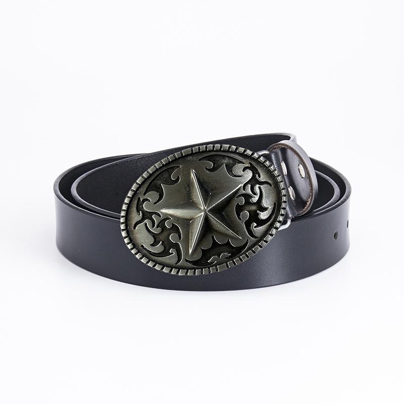 Pentagram Men's Cowhide Belt - Retro Smooth Buckle, Wide 130cm Decorative Trouser Belt