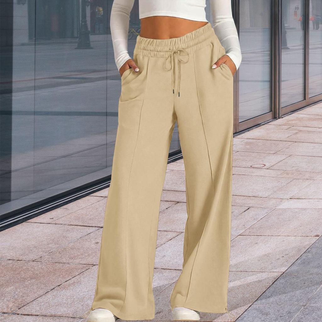 Womens Elevated Wide Leg Pants Drawstring Waist Relaxed Palazzo Trousers