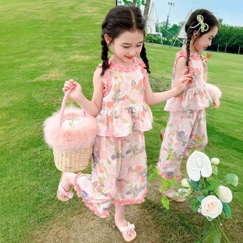 

Летний комплект из жилета для девочек с цветочным принтом, детский комплект из двух предметов с грибковым краем 140 розовый