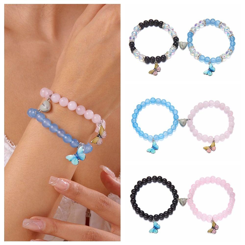 

2Pcs/Set Pendant Magnetic Bracelets Butterfly Heart Beaded Bracelet Cute Couple Bracelets Couple