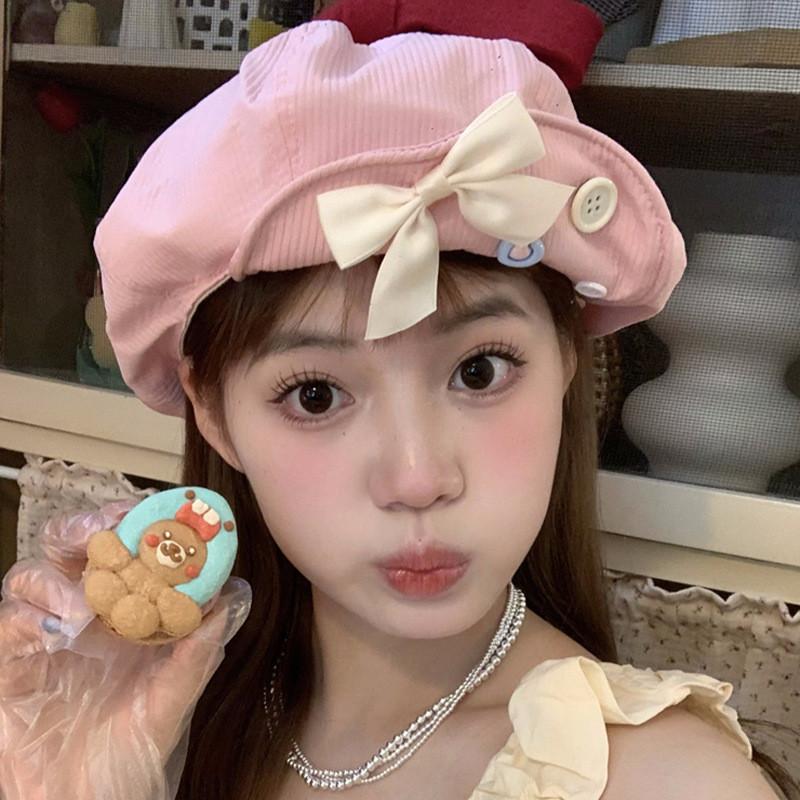 Stylish Japanese Sweet Bowknot Button Cloud Beret Hat For Women In Summer Lightweight Versatile Design