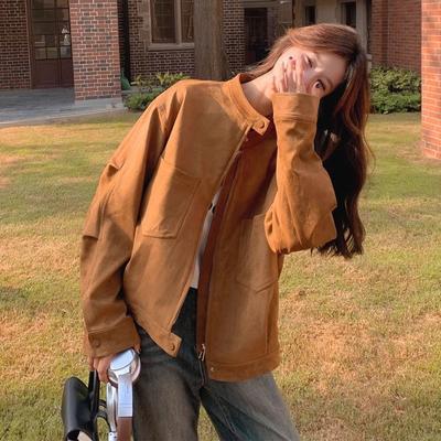 Women's Maillard Brown Suede Jacket Korean Style Loose Casual Versatile Stand Collar Top for Spring and Autumn