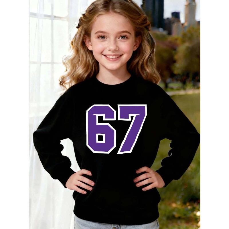 European sizes Kids' Round-Neck Pullover Sweatshirt Features a Striking Purple '67' Print on The Front, for a Visually Appealing Minimalist Design.