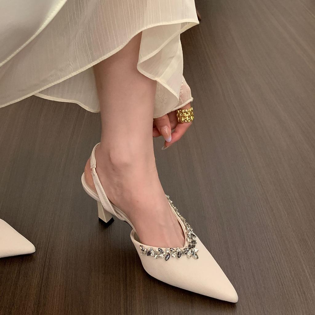 French niche pointed high heels black bag head sandals fairy shoes 2025 spring and summer temperament rhinestone single shoes