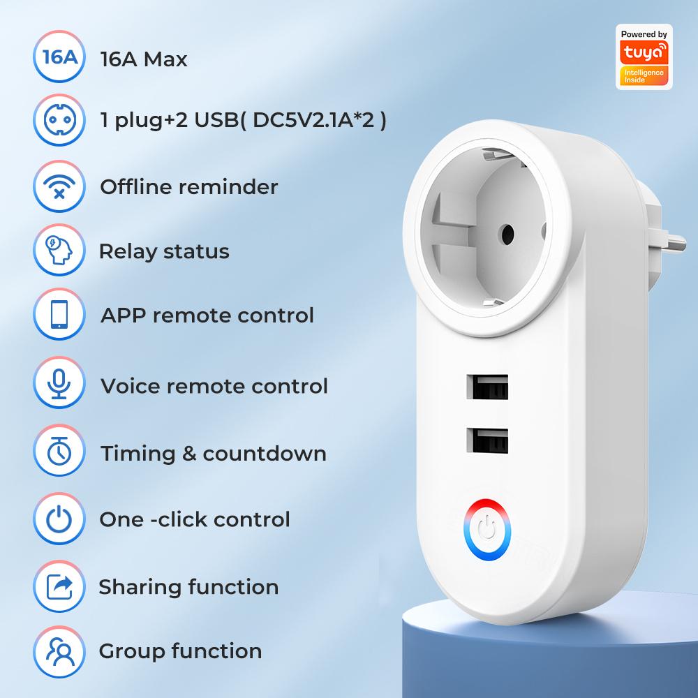 Tuya Wifi Smart Usb Socket Eu Us Brazil Plug 16a Adaptador de tomada Carregamento Voz Smart Life App Elétrico Para Google Home Alexa