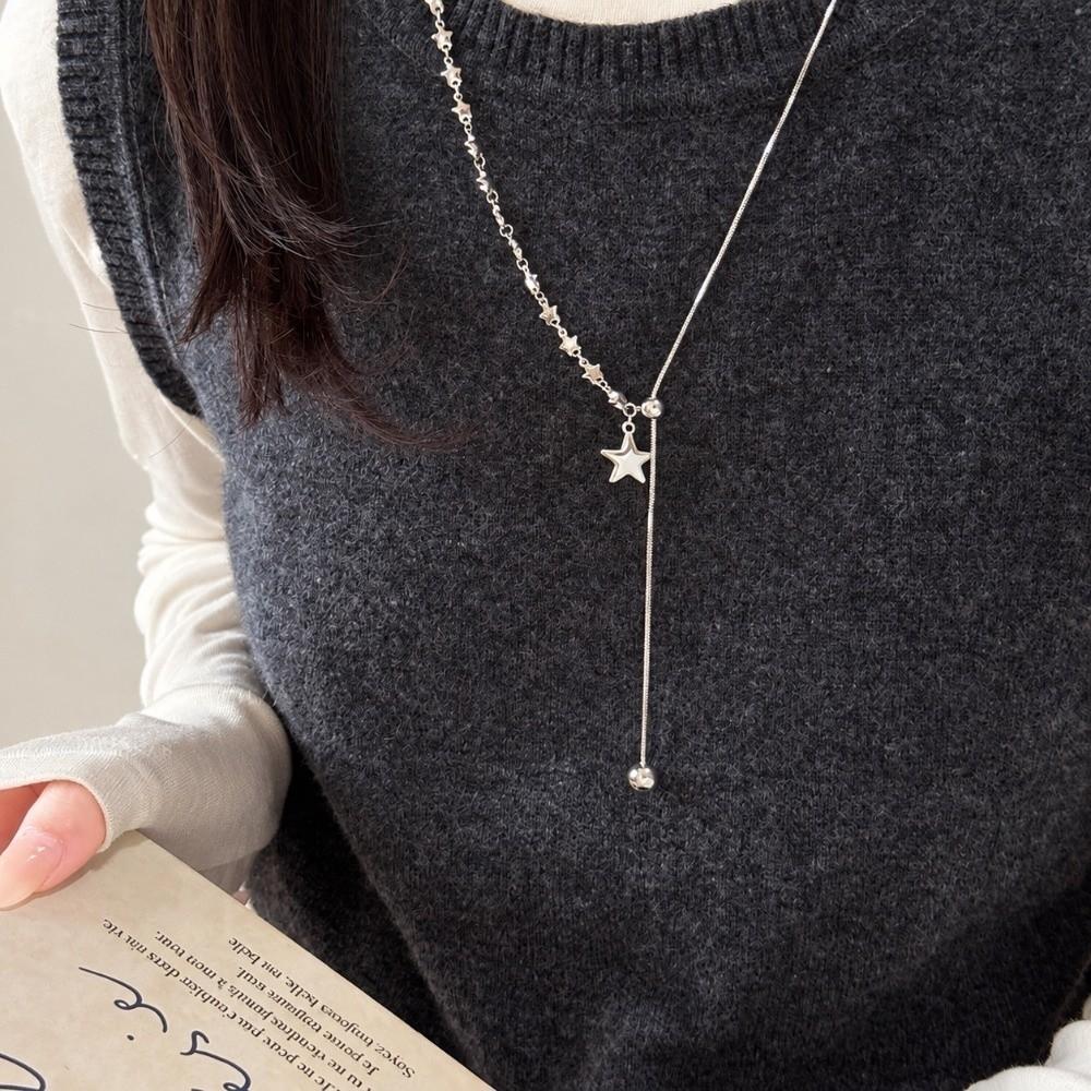 Silver Star Pendant Necklace Long Length Sweater Chain Necklace Adjustable Chain Necklace  Unisex