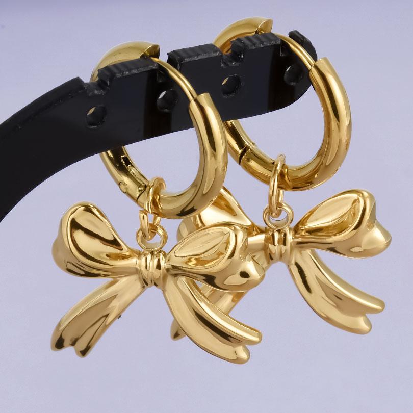 Real Gold Plated Fashion Kpop Piercing Jewelry Girl Bowknot Flower Heart Pendant Earring Stainless Steel Hoop Earrings For Women