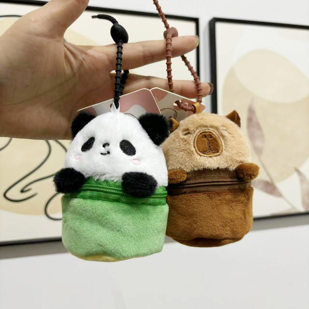Adorable Panda And Capybara Earphone Case Keychain Plush With Coin Purse And Toy