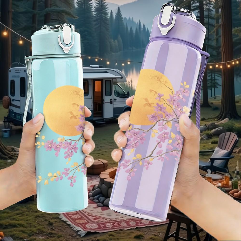 1PC Moon Cherry Blossom Branch Scene 750ml Color Plastic Sports Water Bottle Leakproof Flip Straw Lid For Sports Office Home Use
