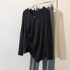Spring Autumn Irregular V-neck Straight Shoulder Loose Mid-length Loose Casual and Versatile Base Long-sleeved Top for Women
