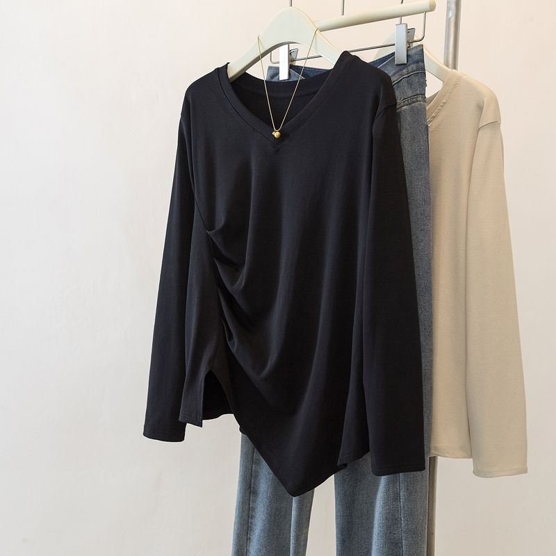 Spring Autumn Irregular V-neck Straight Shoulder Loose Mid-length Loose Casual and Versatile Base Long-sleeved Top for Women