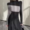 Women's Autumn/Winter Color Block Slim-Fit Semi-High Neck Long-Sleeve T-Shirt